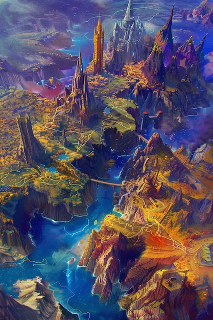 a vibrant digital painting of a fantasy map