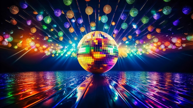 Vibrant disco atmosphere featuring a glittering disco ball hanging from the ceiling and casting