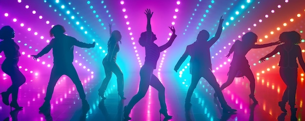 Photo vibrant disco dancers in retro attire groove beneath dazzling lights illustration concept disco fever retro fashion dazzling lights groovy moves vibrant illustration