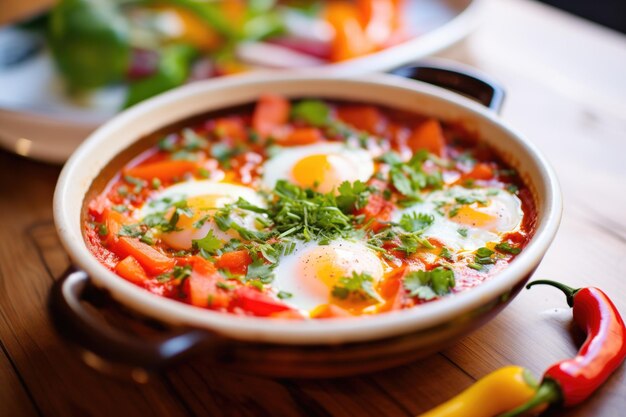 Vibrant dish closeup shakshuka with bell pepper chunks