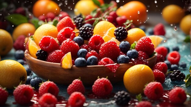 A vibrant display of assorted fruits in a rustic wooden bowl