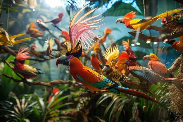 Foto una vivace esposizione di uccelli del paradiso in un ai generativo esotico