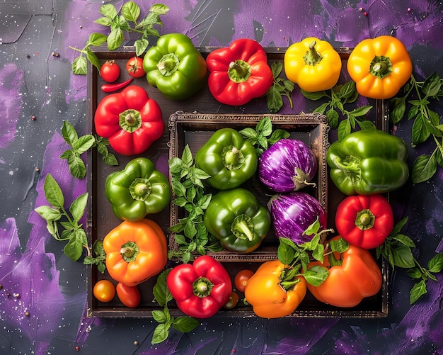 Photo vibrant display of fresh colorful bell peppers and aubergines on dark rustic background