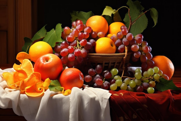 Vibrant display of fresh mandarins grapes and apples on table ar 32