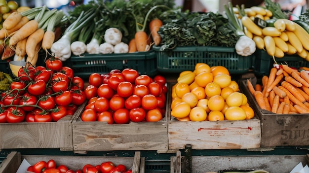 Foto una vivace esposizione di prodotti freschi in un mercato agricolo