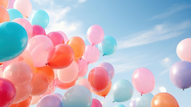 A vibrant display of multicolored balloons contrasting with the azure sky