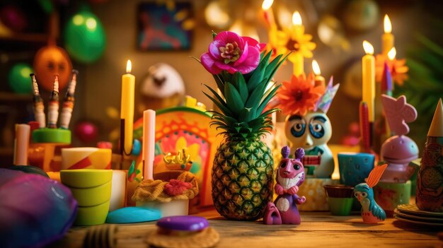 Photo vibrant display of tropical fruits and vivid flowers perfect for summerthemed decor