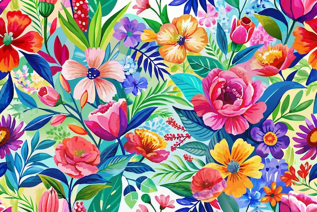 A vibrant display of various flowers and leaves creates a colorful and dense floral pattern