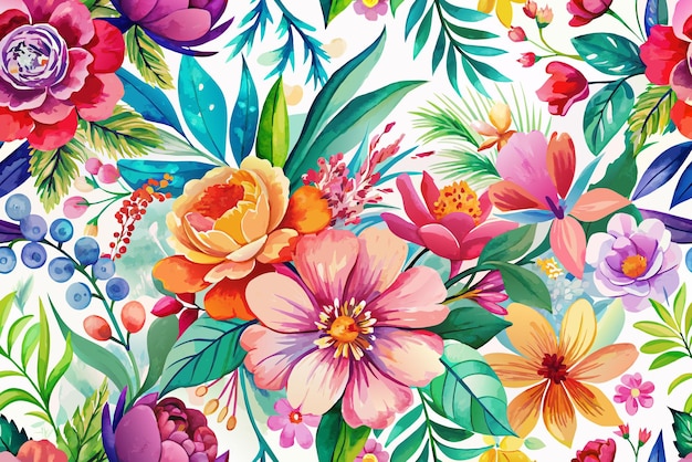 A vibrant display of various flowers and leaves creates a colorful and dense floral pattern