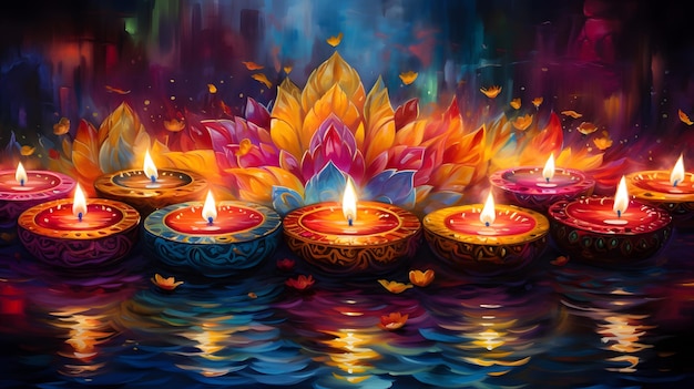 A vibrant Diwali celebration with illuminated diyas happy Diwali