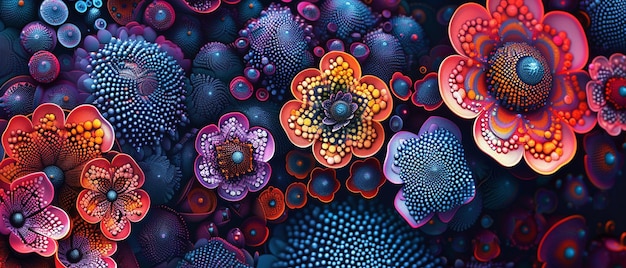 Photo vibrant dot art depicting a closeup of abstract floral blossoms