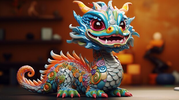 A vibrant dragon figurine with an array of colors sitting on a table Generative AI