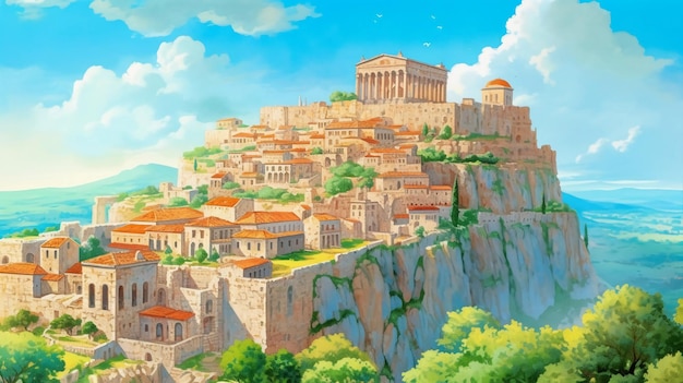 A vibrant drawing of landscape of Acropolis of Athens in Greece
