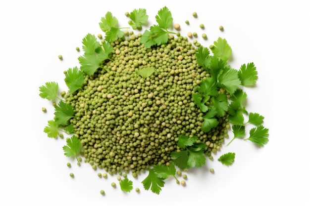 Photo vibrant dried coriander seeds and fresh green leaf a captivating top view on white background