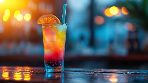 A vibrant drink cocktail set against a lively hazy bar backdrop space Generative AI