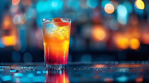 A vibrant drink cocktail set against a lively hazy bar backdrop space generative ai
