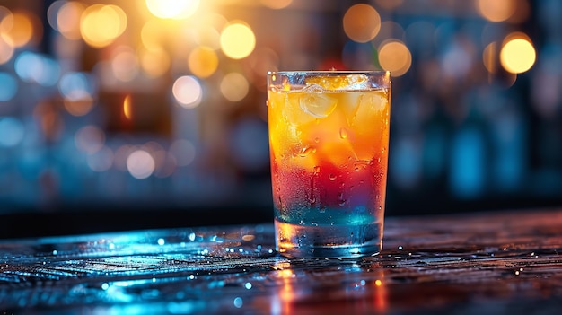 A vibrant drink cocktail set against a lively hazy bar backdrop space Generative AI