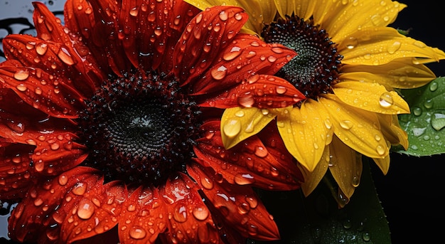 Vibrant Duo of Red and Yellow Sunflowers with Dew Drops A Closeup Macro Shot Capturing the