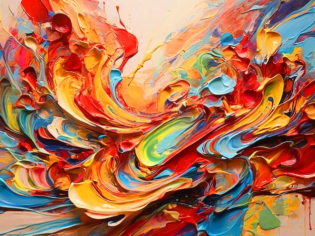 A vibrant and dynamic abstract painting filled with a symphony of colors The canvas is a swirl of r