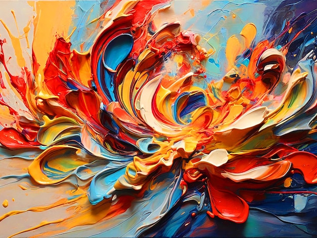 A vibrant and dynamic abstract painting filled with a symphony of colors The canvas is a swirl of r