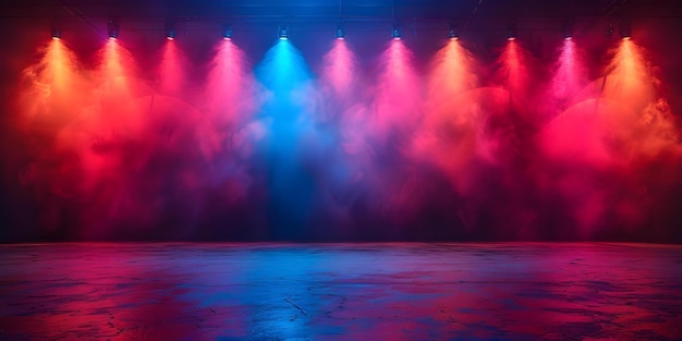 Vibrant and dynamic atmosphere on an empty stage with colorful spotlights for product display or performance Concept Stage Lighting Product Display Dynamic Atmosphere Vibrant Colors