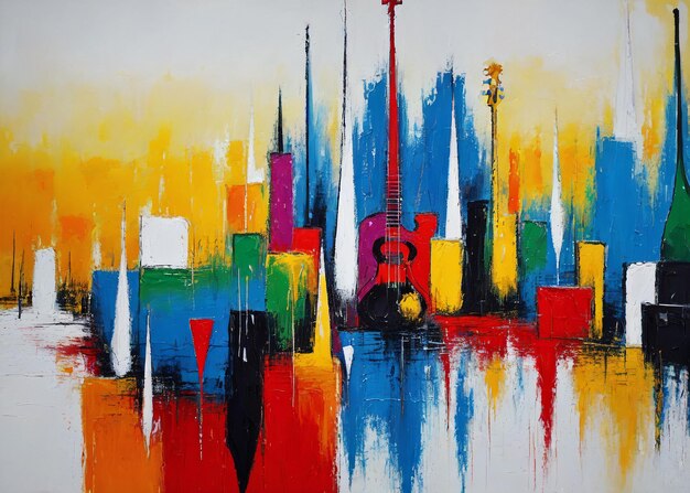 A vibrant and dynamic painting capturing the essence of music through a guitar surrounded by splashe