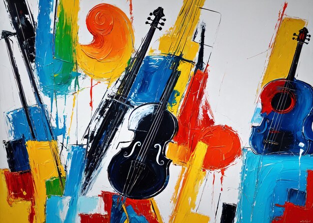 A vibrant and dynamic painting capturing the essence of music through a guitar surrounded by