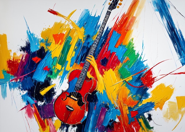 A vibrant and dynamic painting capturing the essence of music through a guitar surrounded