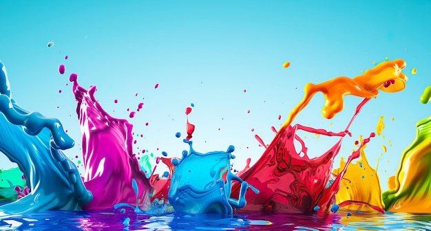 vibrant and dynamic scene of various colored paints splashing upwards for holi festival