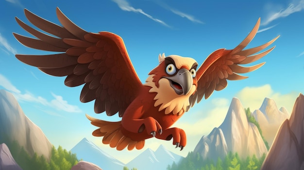 Vibrant Eagle Cartoon Illustration Soaring Through Mountainous Landscape