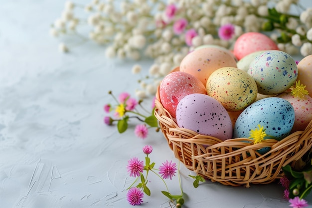 Vibrant Easter Basket with Speckled Eggs and Spring Flowers