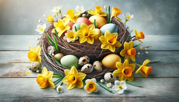 Vibrant easter composition with colorful easter eggs and daffodil flowers