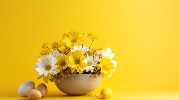 A vibrant easter egg and flower arrangement