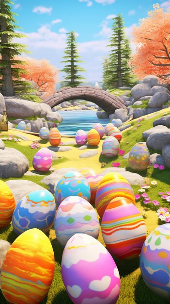 Vibrant easter eggs hidden in a d spring meadow