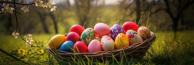 Vibrant Easter Eggs in Woven Basket on Green Grass in Sunny Orchard Scene