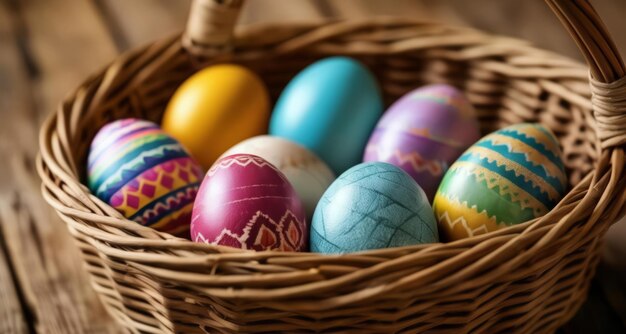 Photo vibrant easter eggs in a woven basket