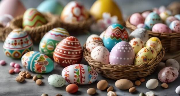 Vibrant Easter eggs in woven baskets ready for the hunt