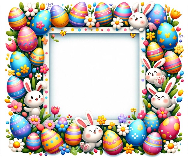 Foto vibrante cornice di pasqua con conigli e uova copia spazio sullo sfondo bianco