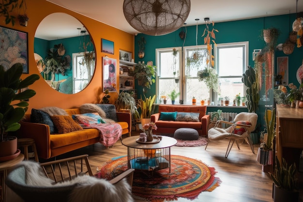 Vibrant and eclectic interior with retro elements and bohemian flair