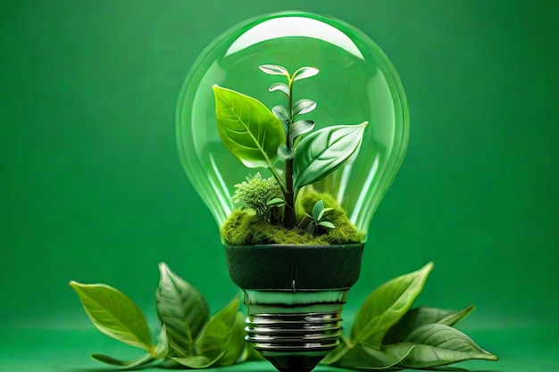Яркая экологически чистая лампочка в окружении пышных растений на концепции возобновляемой энергии