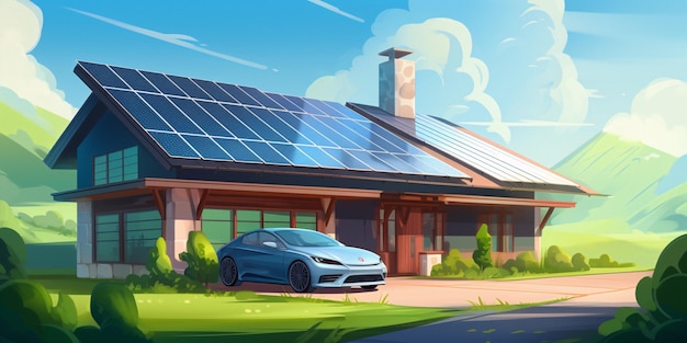 Яркий экологически чистый дом с солнечной панелью на крыше — шедевр генеративного искусственного интеллекта