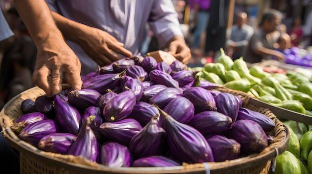 Vibrant eggplants at a bustling Turkish street bazaar