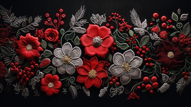 크리스마스 꽃 디자인의 활기찬 봉제, 상세한 매기 작업을 보여주는 AI 생성 콘텐츠