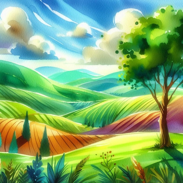 Живая изумрудная мечта акварельная картина в стиле Мэри Блэр с холмами и весельем