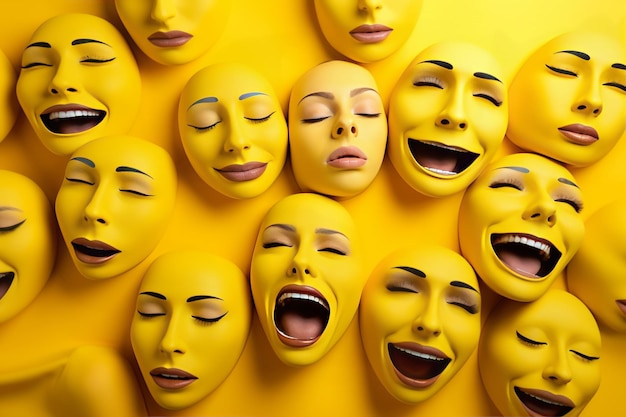 Photo vibrant emotions a kaleidoscope of faces on a yellow canvas