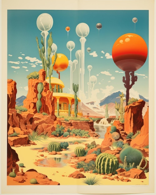 Vibrant Encounters A Colorised Lithograph of Man and Cactuses from the Polytechnic Institution of T