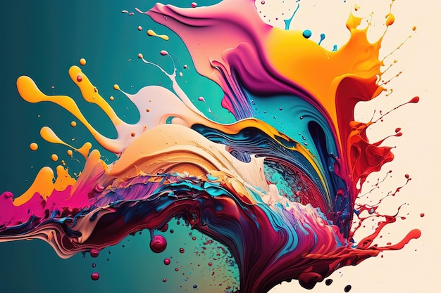 A vibrant and energetic composition is created through the use of colorful paint splashes and splatters resulting in a visually striking and captivating image AI