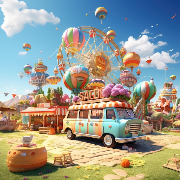 A vibrant and energetic summer carnival with colorful decorations