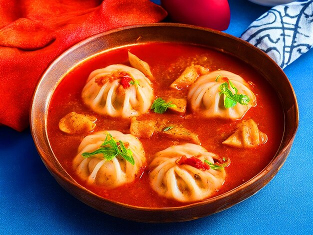 vibrant and enticing image of spicy dumplings Pangsit Pedas Emphasize the rich colors and texture