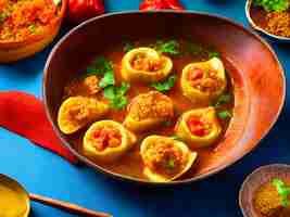 Photo vibrant and enticing image of spicy dumplings pangsit pedas emphasize the rich colors and texture